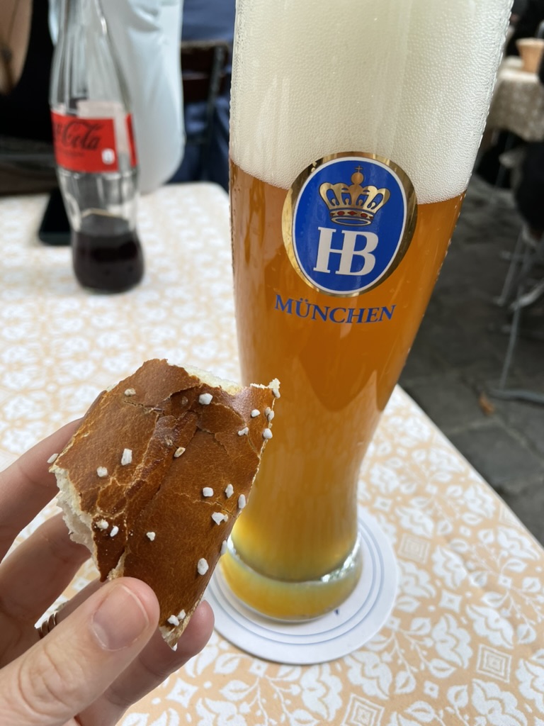 Photo of alcohol free beer and remnant of pretzel